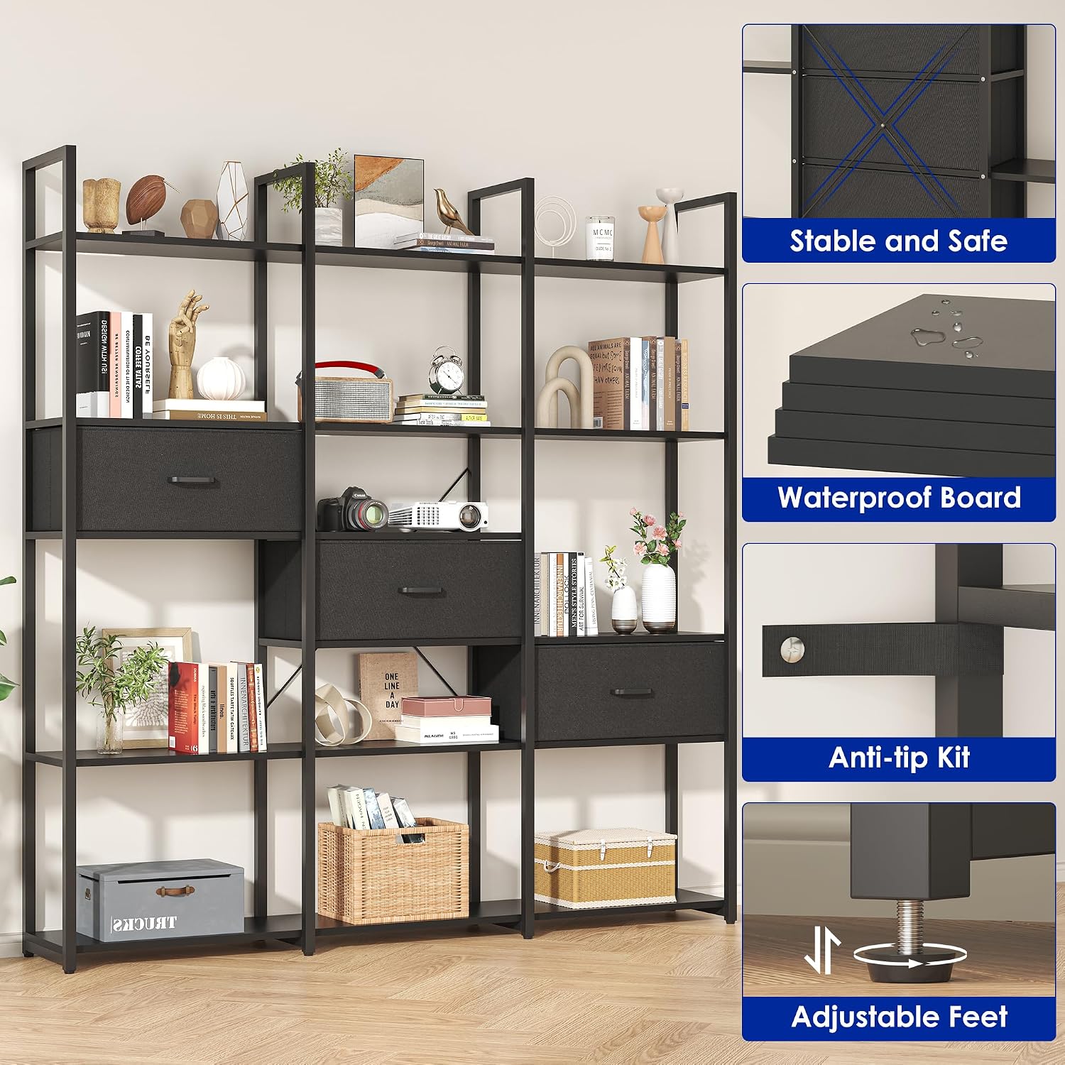Nosepen 73.6' Tall Bookshelf with 3 Drawers and 16 Storage Shelves, Industrial Bookcase with 16 Open Display Shelves, Large Etagere Bookshelf, Triple Wide Book Shelf Book Case for Home & Office, Black
