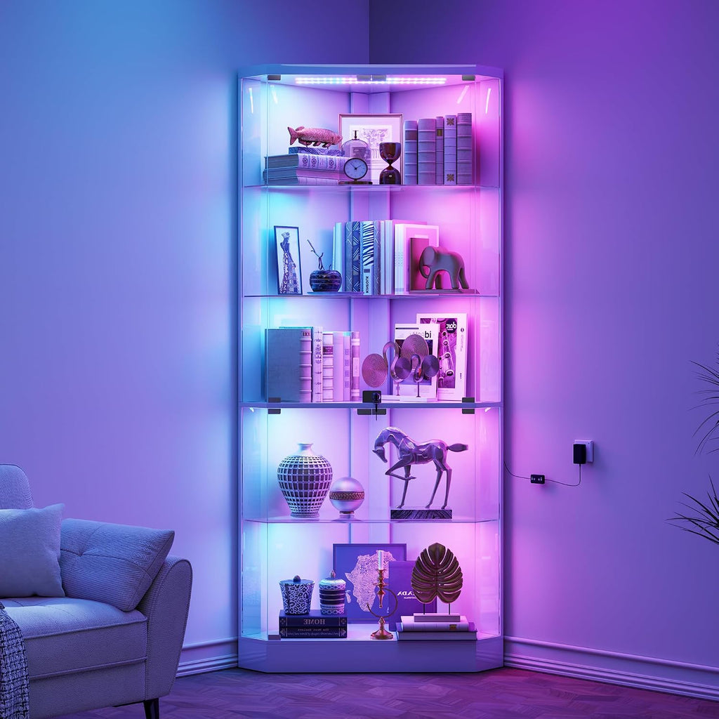 Lvifur 69' Corner Display Cabinet with RGB Lights,5-Tiers Curio Cabinet Display Case with Lock, Tall Showcase Display Shelf for Collectibles, Living Room Bookcase Storage Cabinet,White