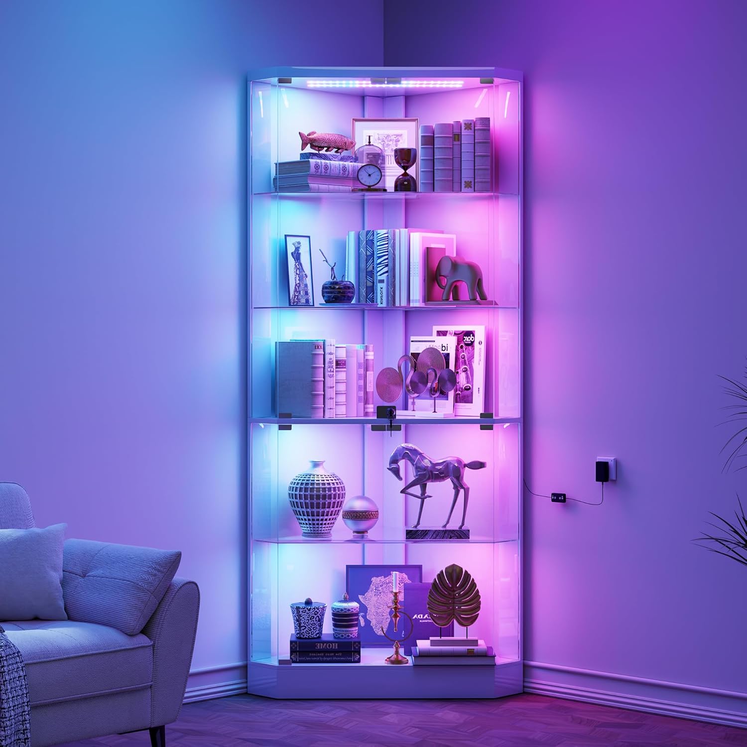 Lvifur Corner Display Cabinet with RGB Lights,5-Tiers Curio Cabinet Display Case with Lock,69' Tall Showcase Display Shelf for Collectibles, Living Room Bookcase Storage Cabinet,White
