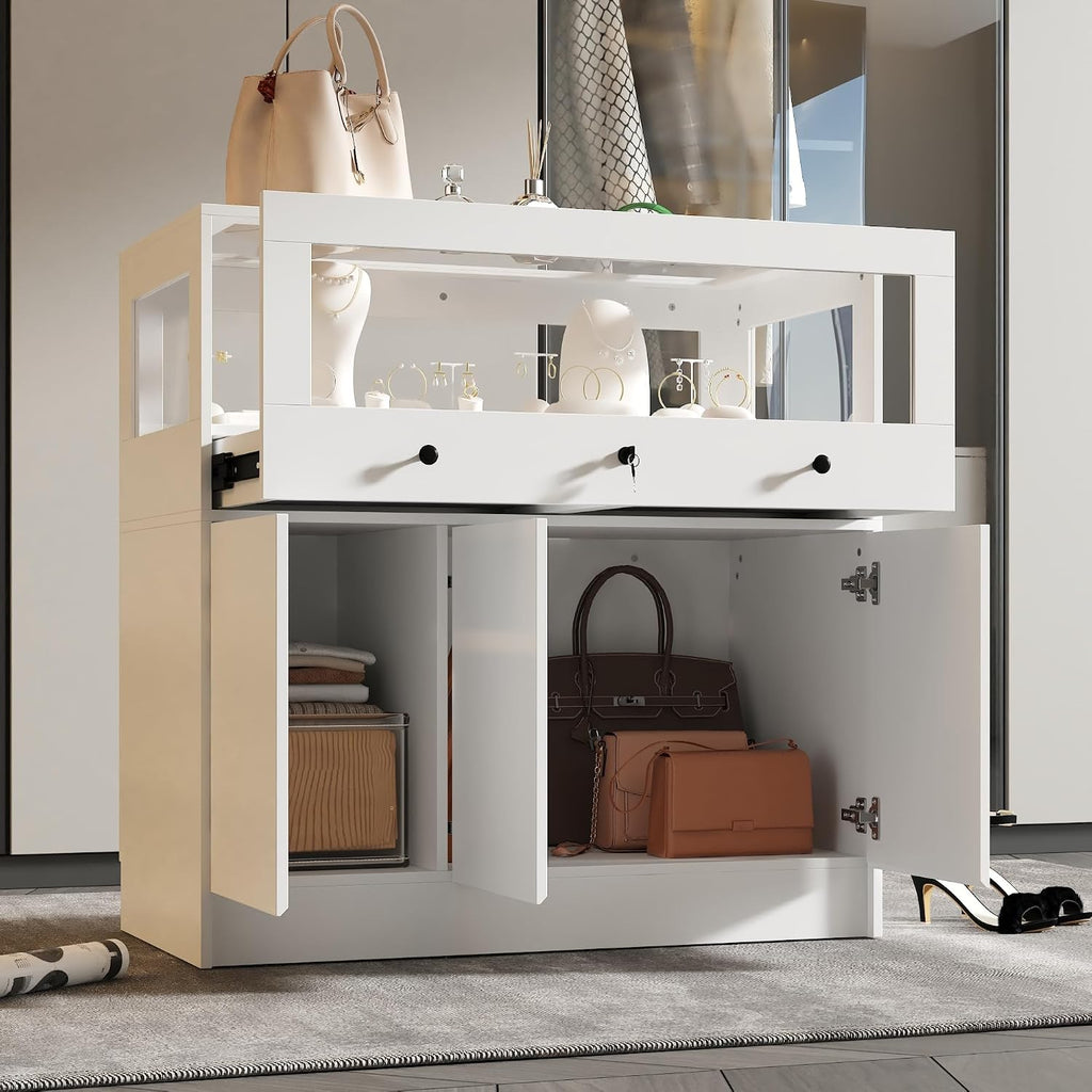 Lockable Glass Display Cabinet Closet Island, Glass Top Storage Cabinet for Retail, Collectibles Showcase with 3 Doors, Walk in Display Island for Retail Shop, Cloakroom, White
