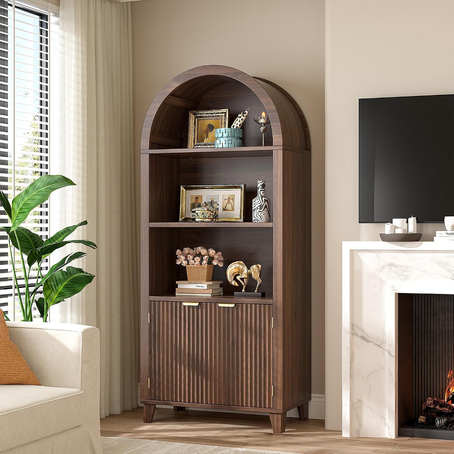 DurayLoly Book Shelf Arched Cabinet, 5-Tier Arched Bookcase with Doors and Adjustable Wood Shelves, Wooden Storage Cabinet with Open Display Shelf for Office,Living Room, Kitchen，Walnut