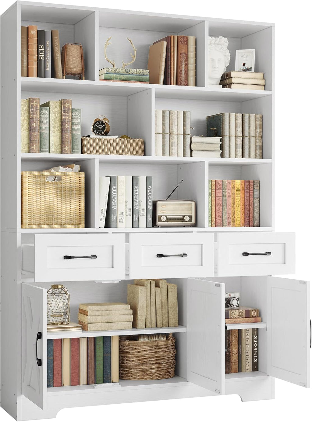 IRONCK Bookshelf with Drawers & Doors, Tall Bookshelf with Storage, Bookcase with Cabinets for Home Office, Living Room, White