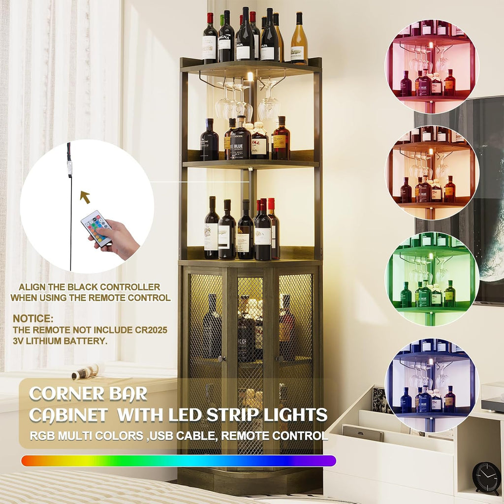 EOYUTLLY Corner Bar Cabinet with with Power Outlet and LED Strip, 65' H 5-Tier Corner Liquor Wine Display Cabinet for Home, Bar and Storage Solution, for Living Room, Kitchen, Home Bar, Gray