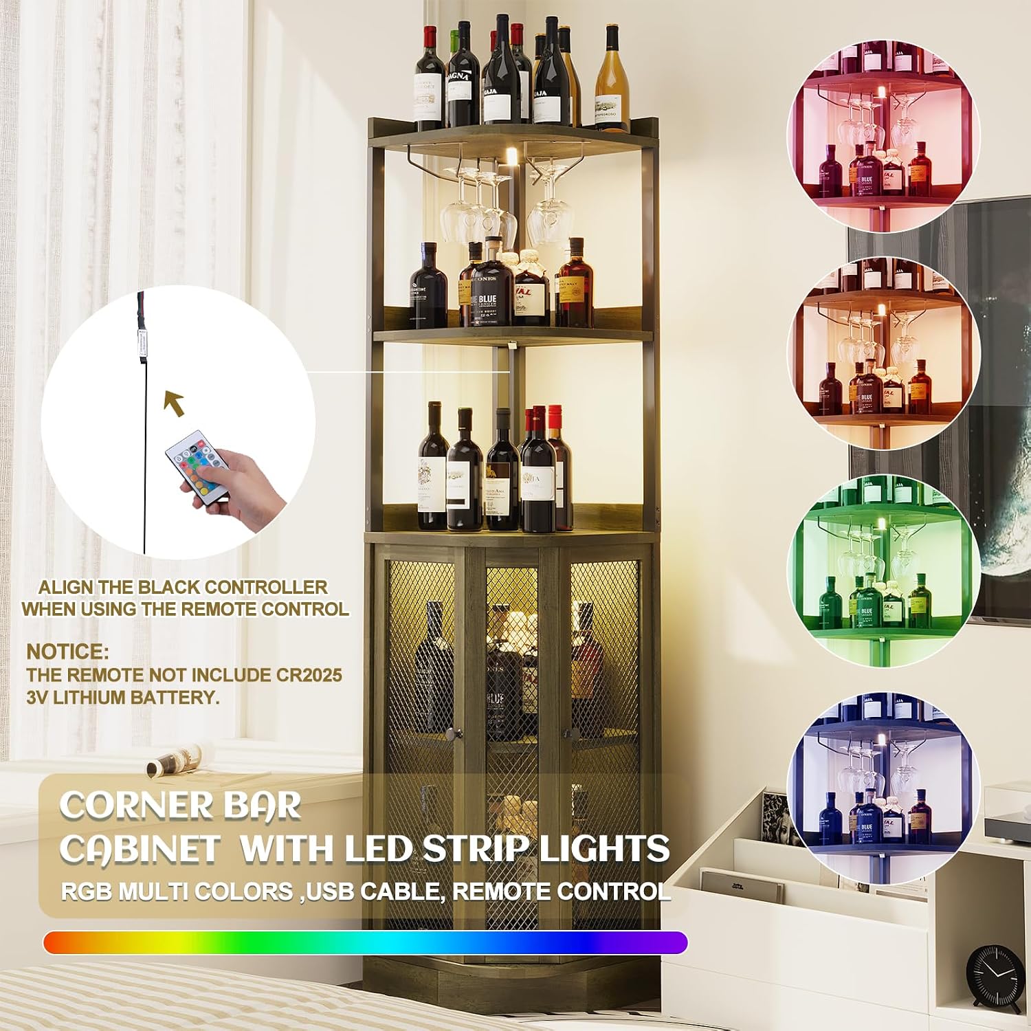 EOYUTLLY Corner Bar Cabinet with with Power Outlet and LED Strip, 65' H 5-Tier Corner Liquor Wine Display Cabinet for Home, Bar and Storage Solution, for Living Room, Kitchen, Home Bar, Gray