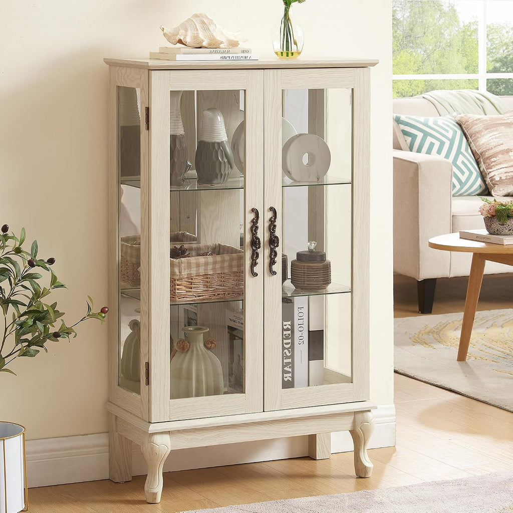 43'H Lighted Display Curio Cabinet, 3-Tier Glass Accent Storage Cabinet Curio Showcase w/ 2 Doors & Adjustable Shelves, Wine Artwork Storage Rack w/ Mirrored Back Panel for Living Room (White)