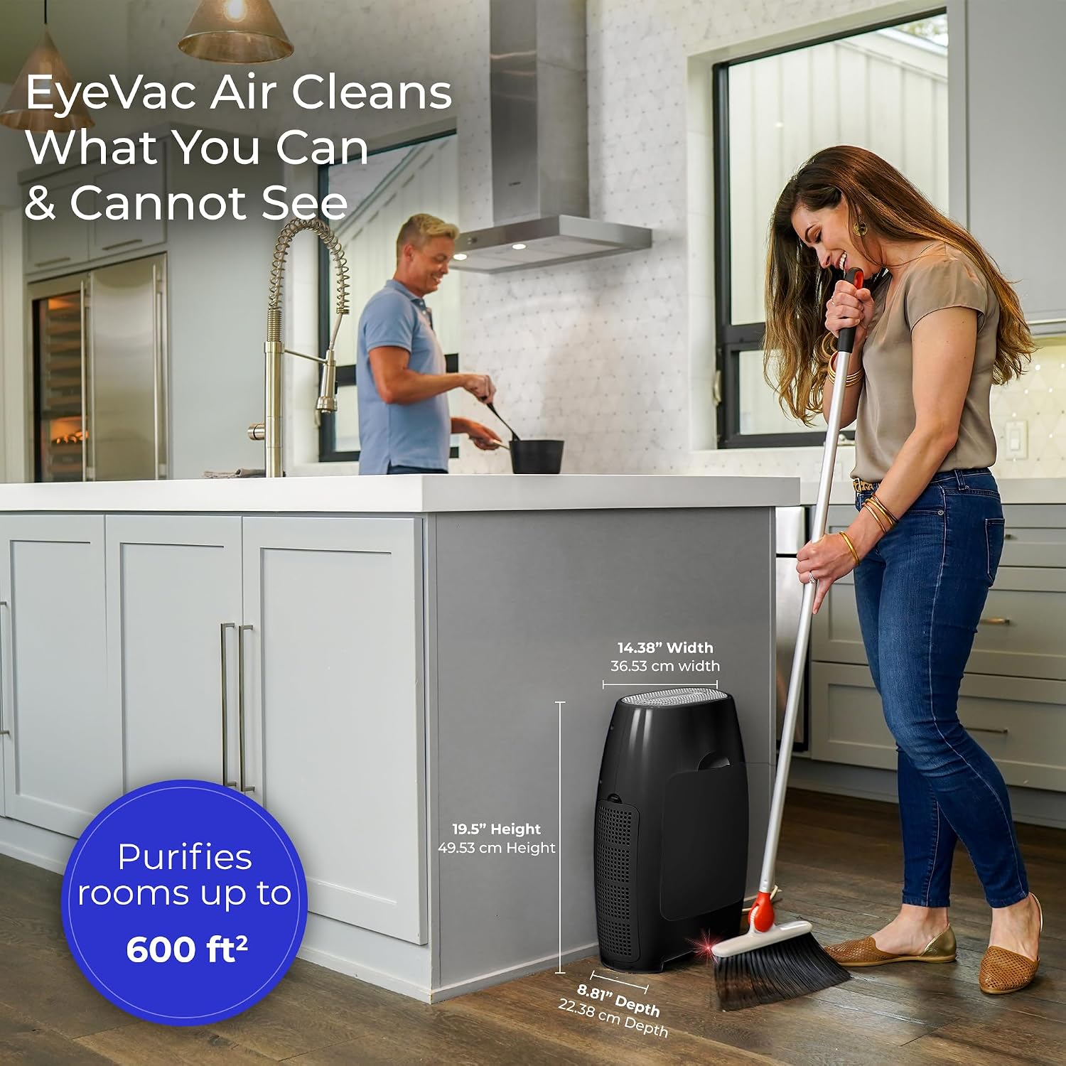 EyeVac Air 2-in-1 HEPA Air Purifier & Touchless Vacuum Automatic Dustpan - Ultra Fast & Powerful - Covers 600 Sq ft - Corded Canister Vacuum, Bagless, Automatic Sensors, 1000 Watt (Black/Black)