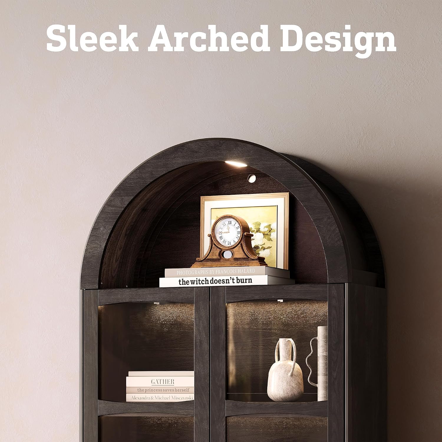 STO'SENSE 74' Tall Arched Bookshelf with LED Lights,4-Tier Modern Farmhouse Arched Bookcase with Glass Doors and Shelves,Wooden Display Cabinet with 2 Drawers for Living Room, Dining Room (Black)