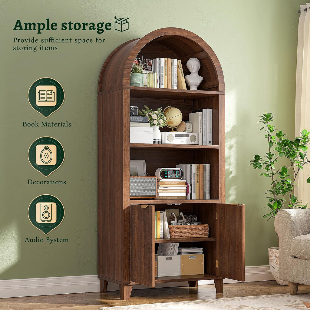 DurayLoly Book Shelf Arched Cabinet, 5-Tier Arched Bookcase with Doors and Adjustable Wood Shelves, Wooden Storage Cabinet with Open Display Shelf for Office,Living Room, Kitchen，Walnut