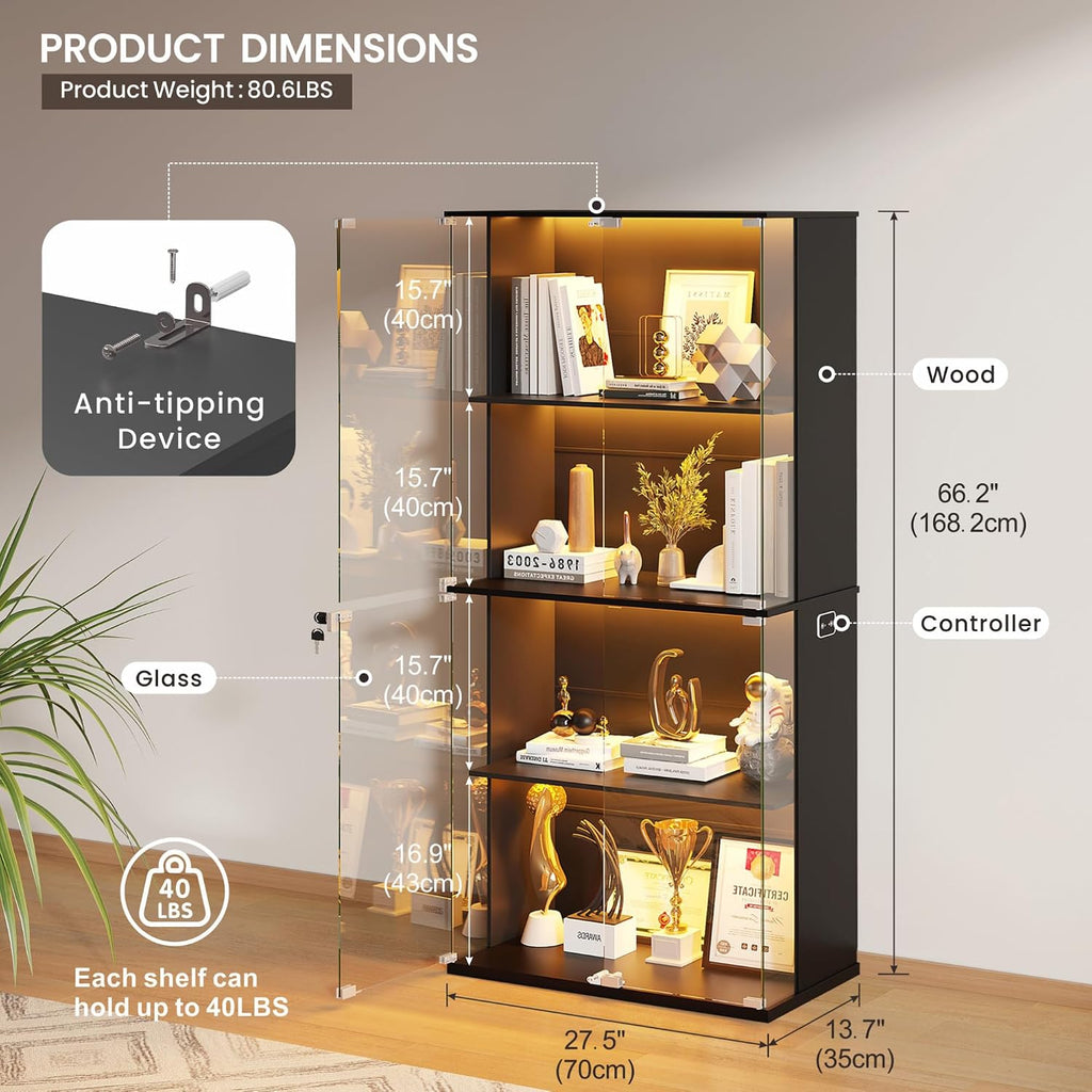 Display Cabinet with Glass Door,Lighted 4-Tier Curio Cabinet with3 Color Lights for Collectibles Bookcases,66' Lockable Display Case with Human Body Sensor,Black