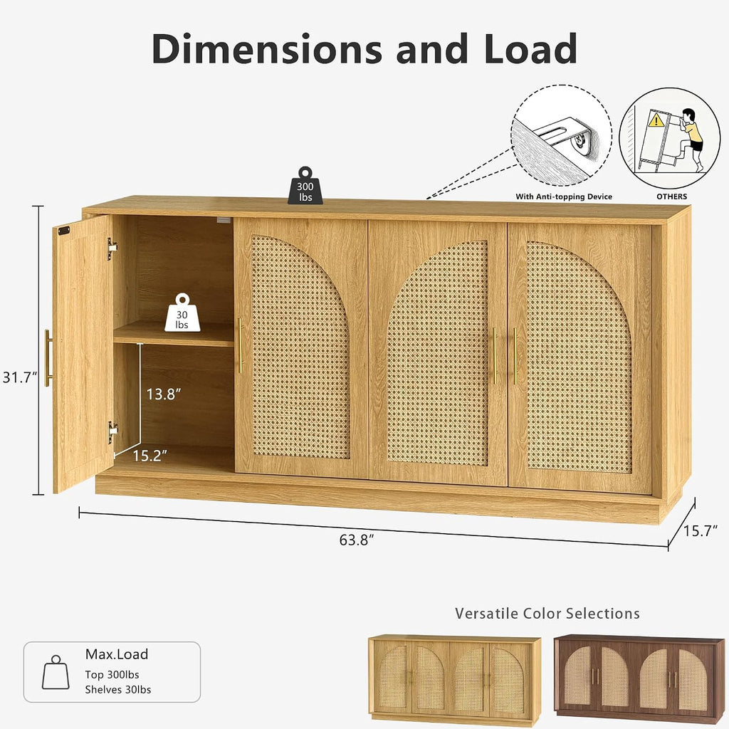 FORTUNETEC 63' Sideboard Buffet Cabinet with Storage, Modern Accent Cabinet with Rattan Arched Doors, Modular Media Console, Boho Credenza for Living Room Kitchen Dining Room Entryway, Oak