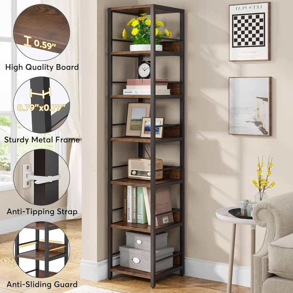 Tribesigns 6-Tier Corner Shelf, 75 Inch Tall Narrow Bookshelf Storage Rack, Etagere Shelves Display Stand for Small Spaces, Rustic Open Bookcase Square Shelf Tower for Living Room Bathroom