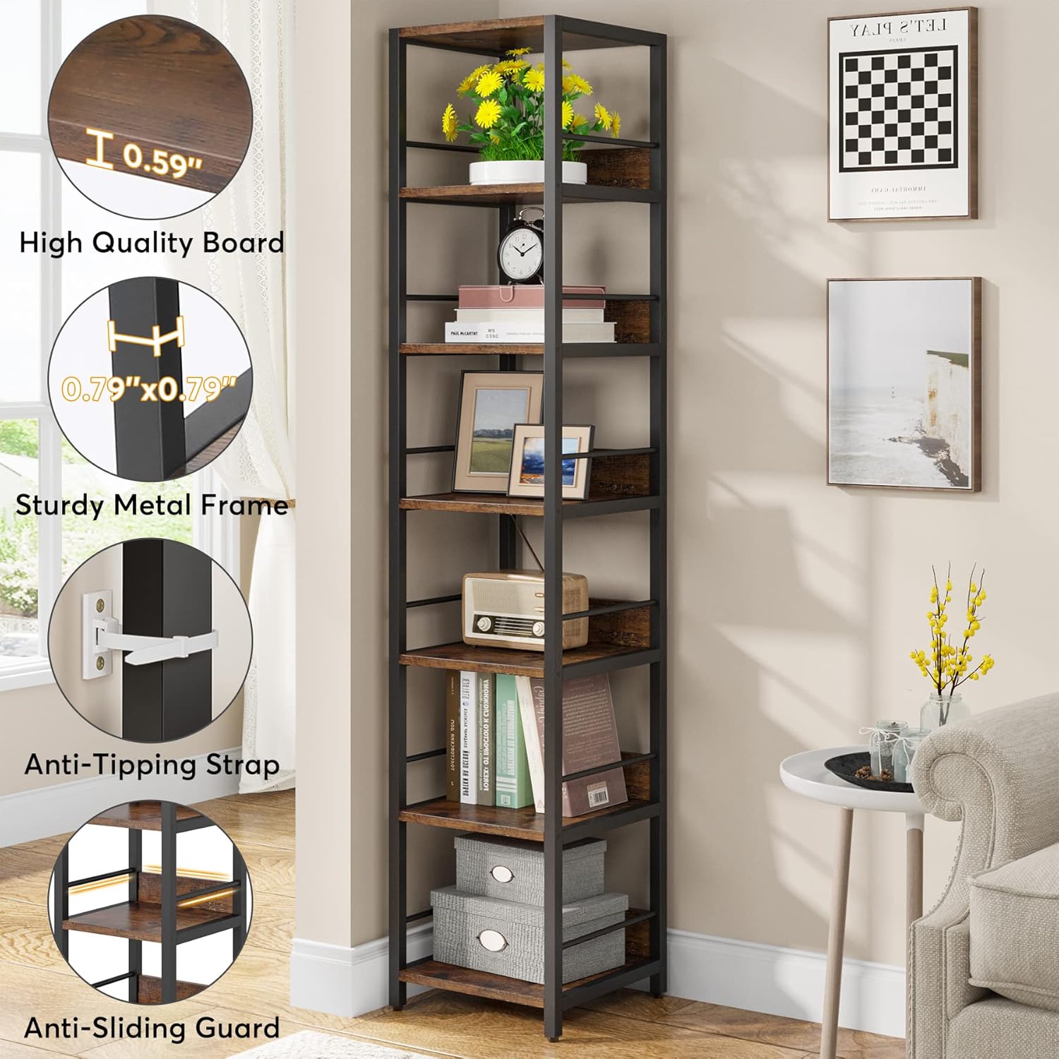 Tribesigns 6-Tier Corner Shelf, 75 Inch Tall Narrow Bookshelf Storage Rack, Etagere Shelves Display Stand for Small Spaces, Rustic Open Bookcase Square Shelf Tower for Living Room Bathroom