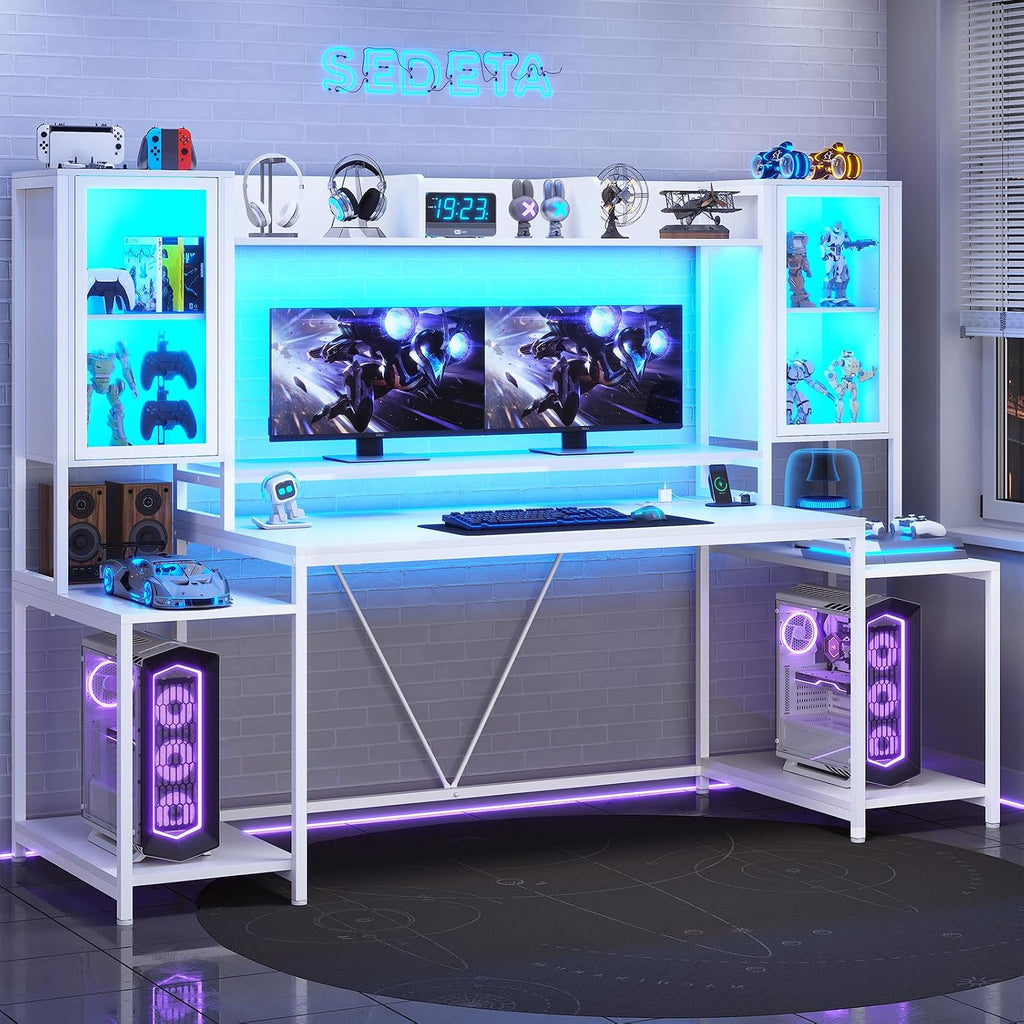 SEDETA Gaming Desk 74.8'' with LED Lights, Hutch and Storage Shelves, Computer Desk with Monitor Stand, Large PC Gamer Desk Workstation, Ergonomic Gaming Table for Bedroom, Living Room, White