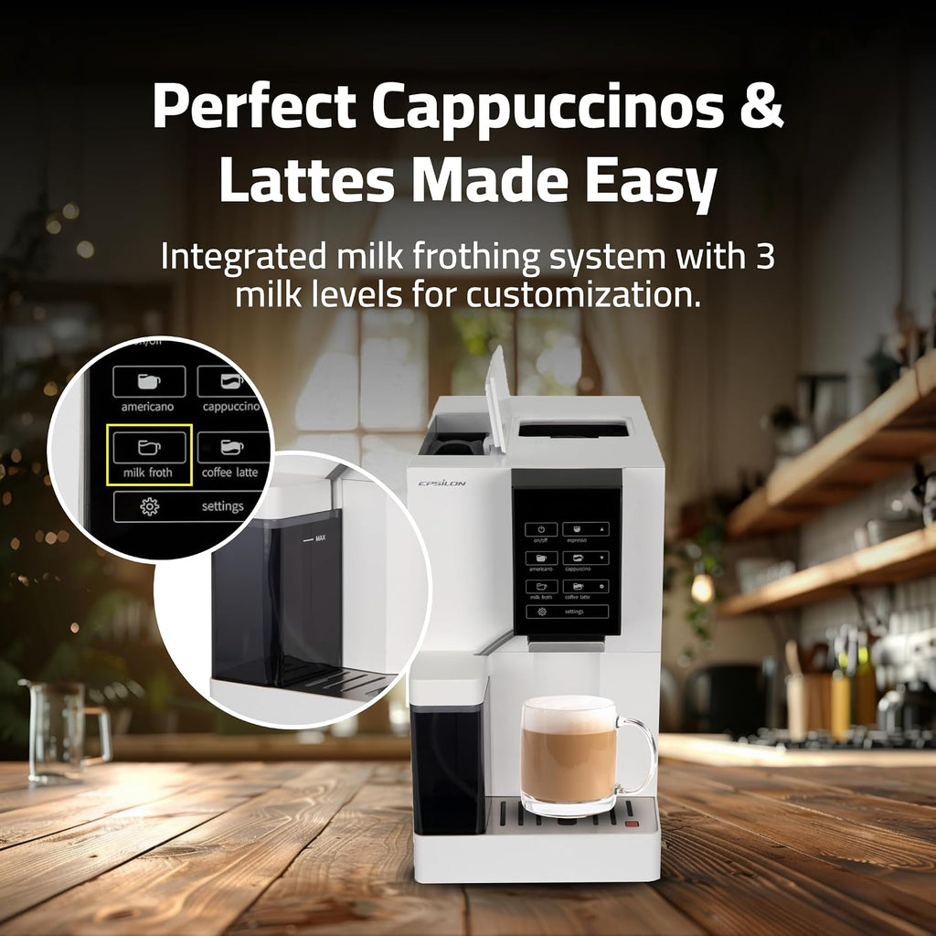 Epsilon Fully Automatic Coffee Machine, Modern One Touch Espresso Machine, Integrated Milk Frother and Custom Brewing Cafe Maker, Compact Countertop Size, Self Cleaning Cafetera (White)