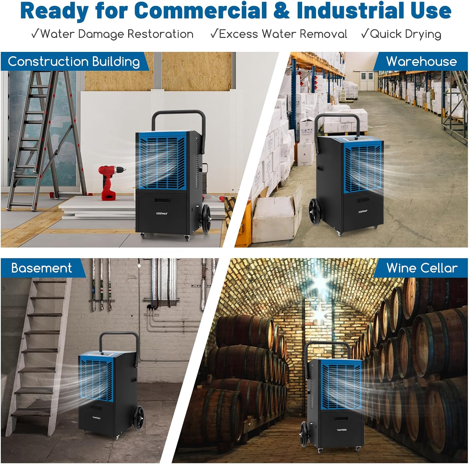 COSTWAY 163 Pints Commercial Dehumidifier, 4500 Sq.Ft Crawl Space Dehumidifier with Pump & Drain Hose, 24H Timer, for Basement, Warehouse, Job Site (Blue)