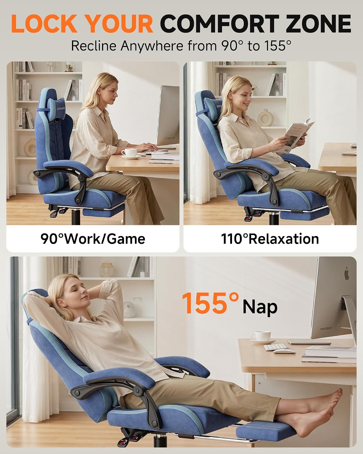 GTPLAYER Gaming Chair for Adults, Ergonomic Computer Gaming Chair with Footrest, Height Adjustable, 90-155° Recline & Removable Headrest Lumbar Support, Blue