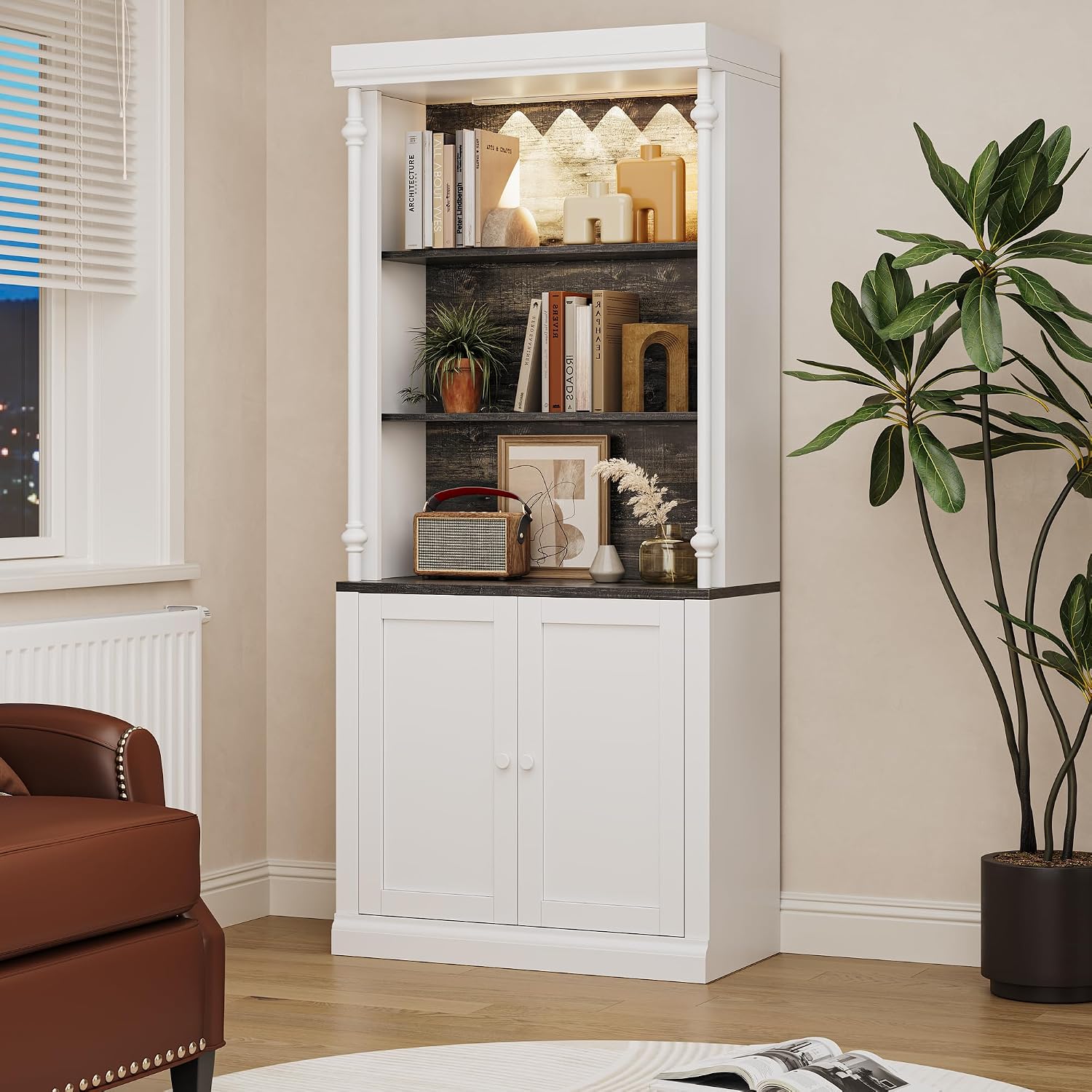 IDEALHOUSE White Bookshelf with Storage Cabinet, 5-Tier Display Cabinet with Light & Doors, Freestanding Display Case for Collectibles Bedroom Living Room Office, White