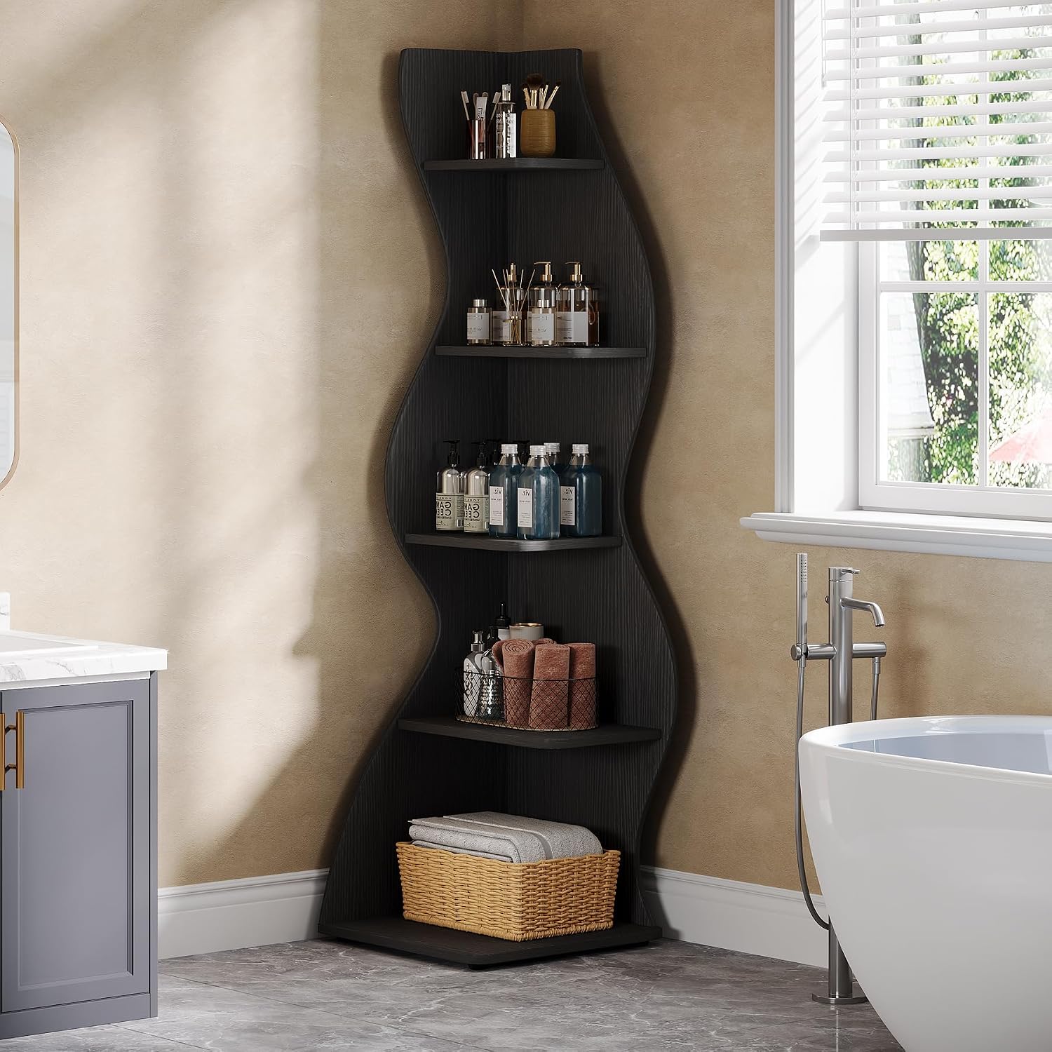 Tribesigns Wavy Corner Shelf, Modern 5-Tier Bookshelf Bookcase with Curvy Shape, Unique Plant Stand Display Rack for Living Room Small Space (Black)