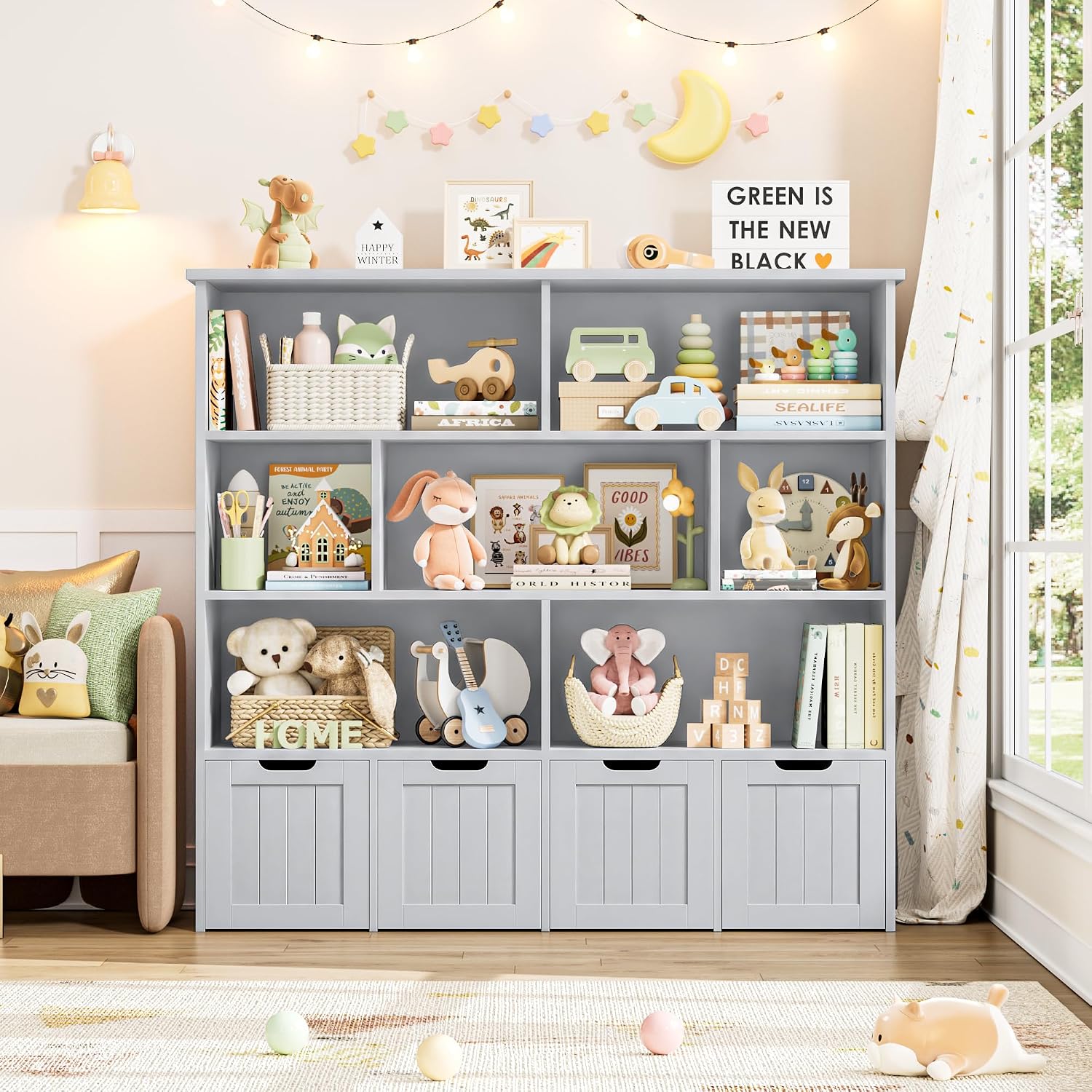 FINETONES Toy Storage Organizer, Kids Bookshelf with 4 Movable Chests and 7 Storage Cubes, Toy Chest Storage Shelf Organizer with Hidden Wheels, Toy Organizers and Toy Storage, Grey