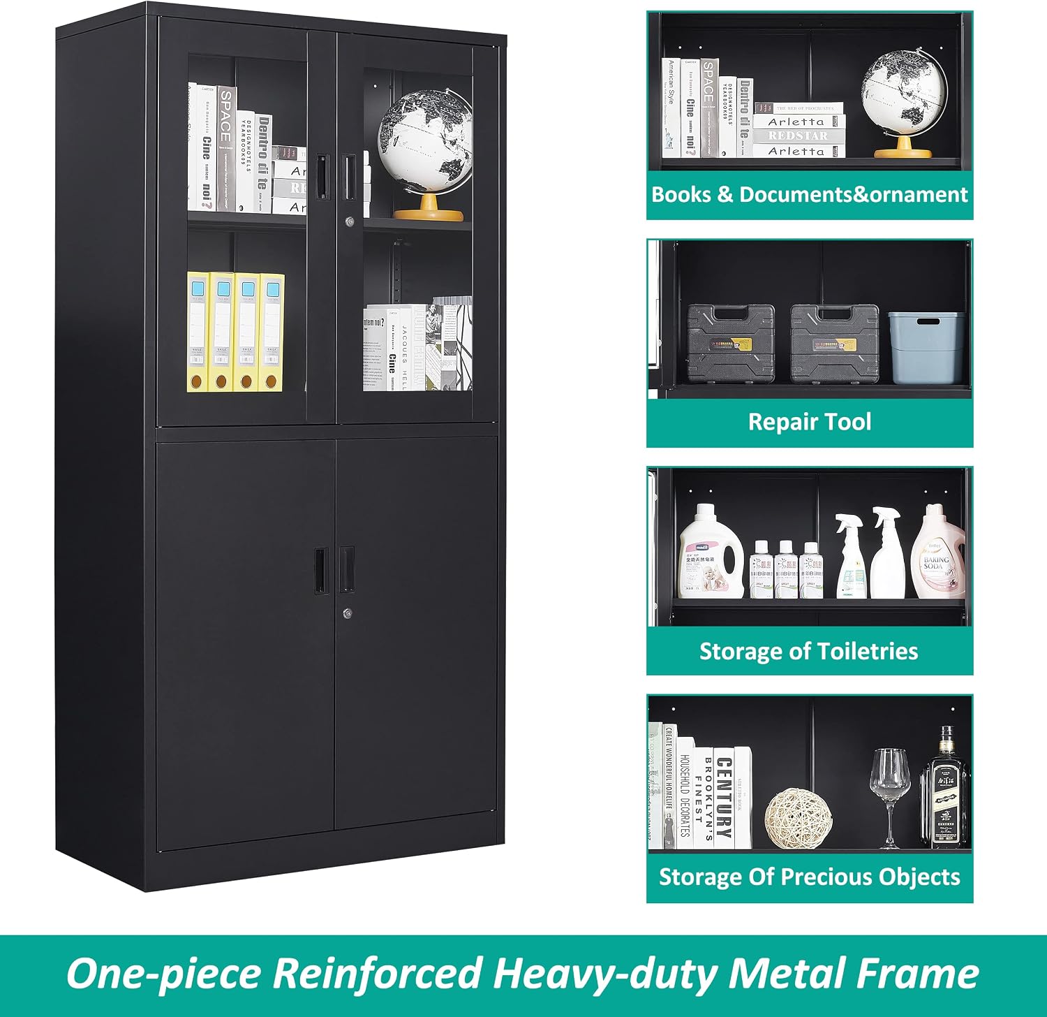 SISESOL Display Cabinet with Glass Doors and Lock,Black Metal Storage Cabinet,Freestanding Locking Kitchen Pantry Cabinets with Doors and Shelves for Home Office,Pantry,Kitchen Bathroom