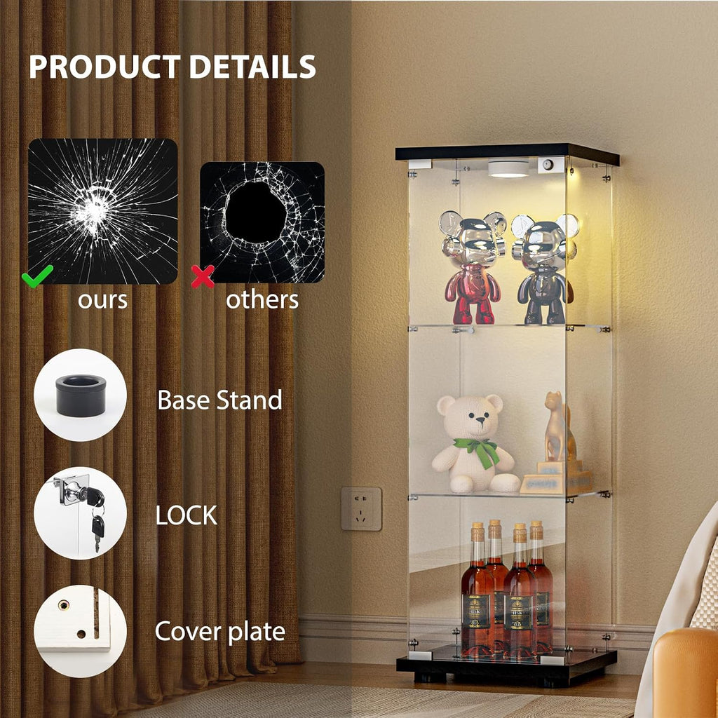 FANYUSHOW 3-Shelf Glass Display Cabinet with LED Light, Upgraded Quick-Install Style Curio Cabinets 5mm Tempered Glass Bookshelf for Bedroom, Living Room 49.1'x 16.7'x 14.3' Black