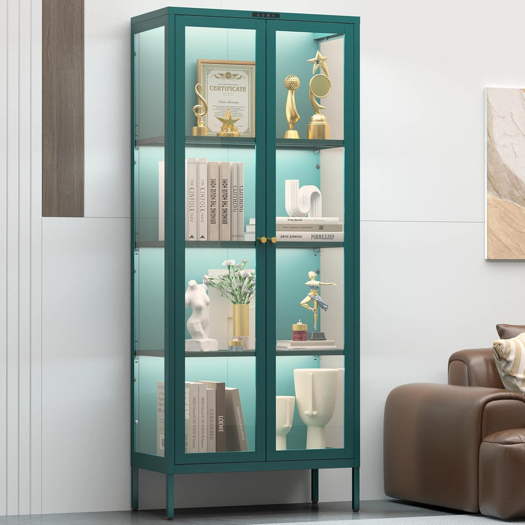 UNICOLY Display Cabinet with Glass Doors, Glass Display Cabinet with 8 Color LED Lights, Curio Display Cabinet with 3 Shelves for Living Room, Plant, Display Shelf, Assembly Required, Green