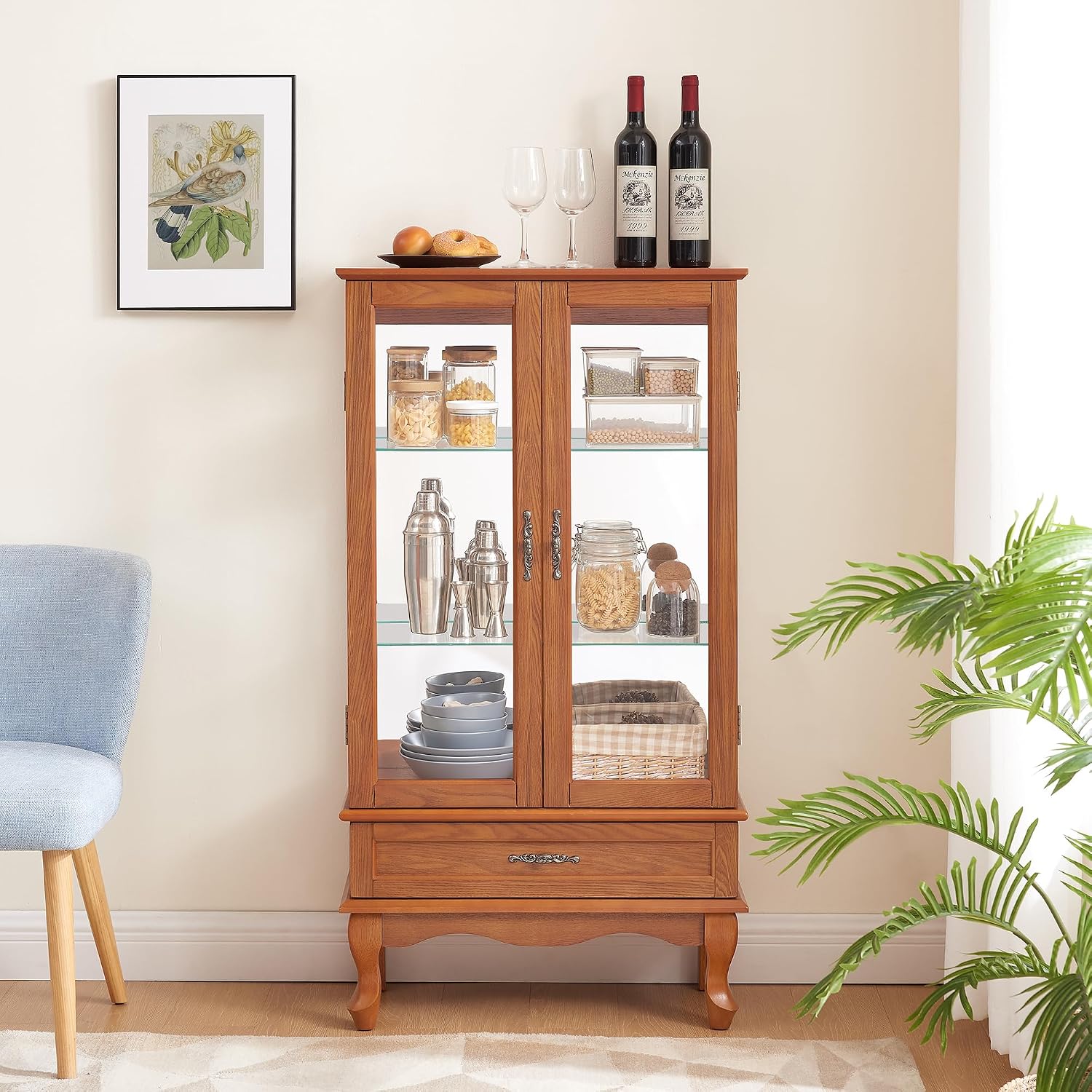 49' H Lighted Curio Display Cabinet with 2 Glass Doors & 1 Drawer, Wooden Curio Showcase w/Adjustable Shelves & Mirrored Back Panel, Wine Storage Cabinet Display Case for Living Room (Oak)