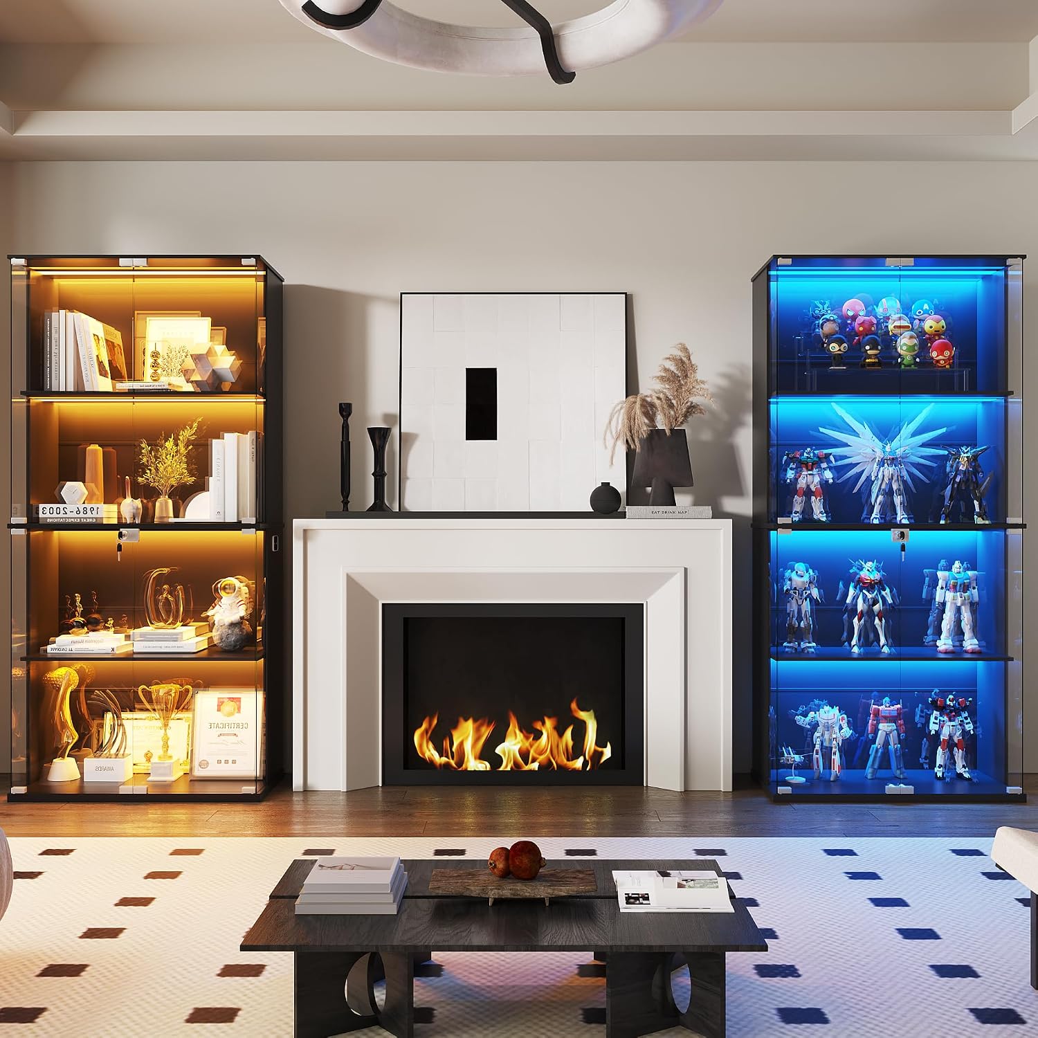 Display Cabinet with Glass Door,Lighted 4-Tier Curio Cabinet with3 Color Lights for Collectibles Bookcases,66' Lockable Display Case with Human Body Sensor,Black