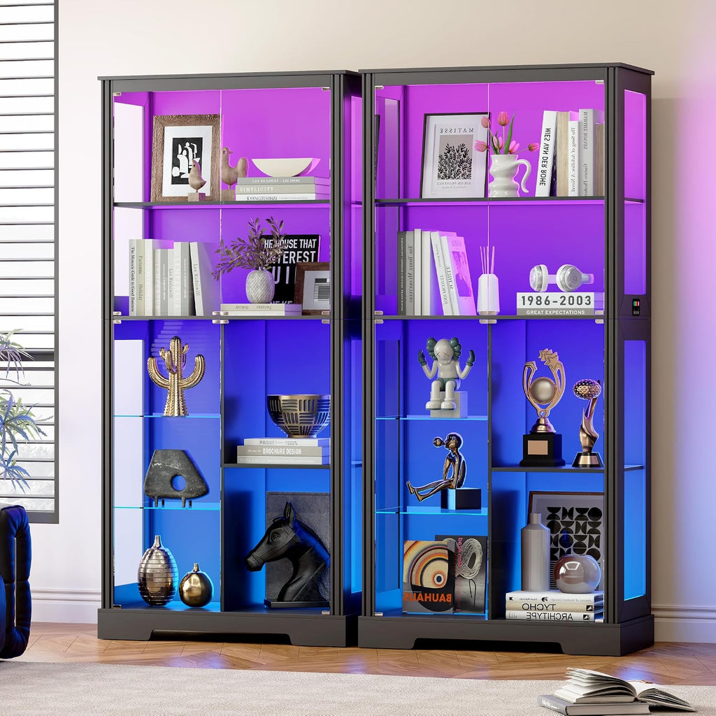 HNEBC Glass Display Cabinet with RGB Lights, 71'' Curio Cabinet with Glass Doors, 5-Tier Display Cases and Human Sensor, Bookcases for Collectibles, Books,Toys, Black