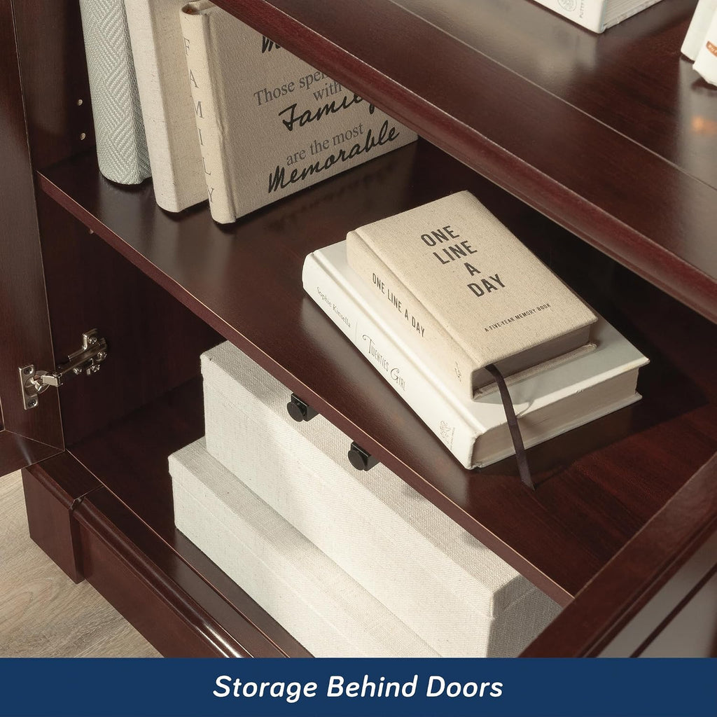 Sauder Palladia Book Shelf, Bookshelf with Storage, Library Bookcase with Doors and Adjustable Shelves, in Select Cherry finish