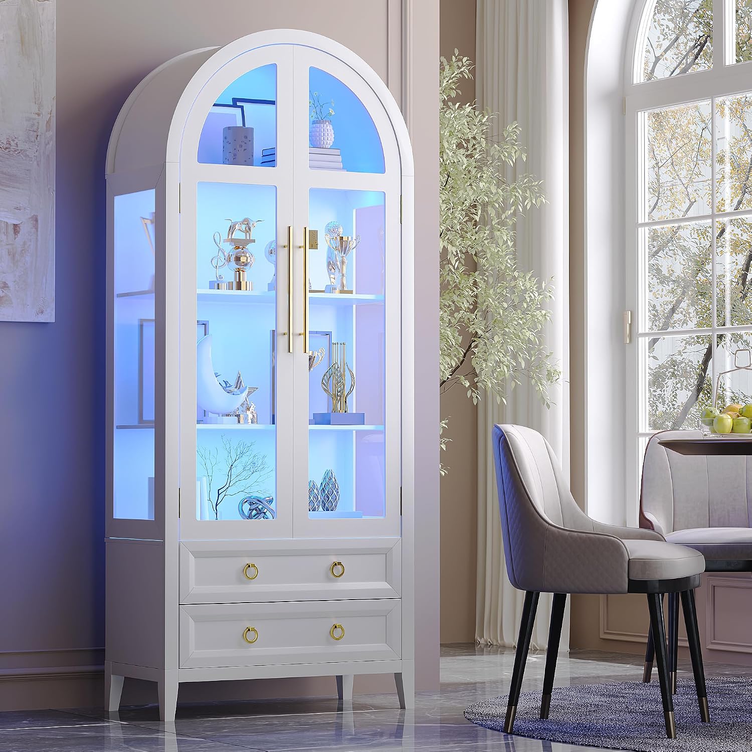 Vlsrka 71 Inch Arched Curio Cabinet, 4-Tier Display Cabinet and 2 Drawers, Tall Bookcase with 3 Color Lights, Display Case with Glass Doors, Kitchen Pantry, White