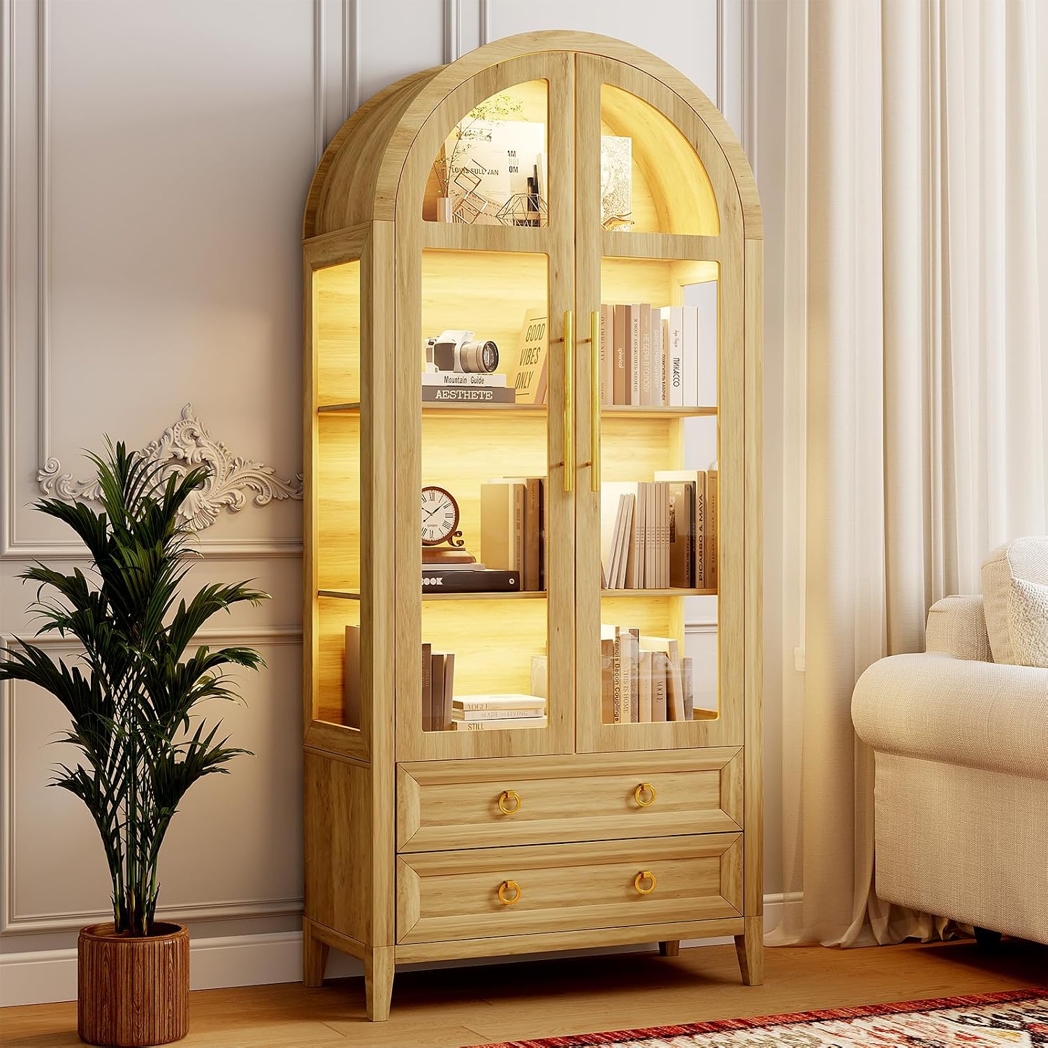 LVSOMT 71' Tall Arched Storage Cabinet with Glass Doors and Drawers, Curio Display Cabinet with Adjustable LED Light & Human Sensor, 4-Tier China Cabinet for Living Room(Wood)
