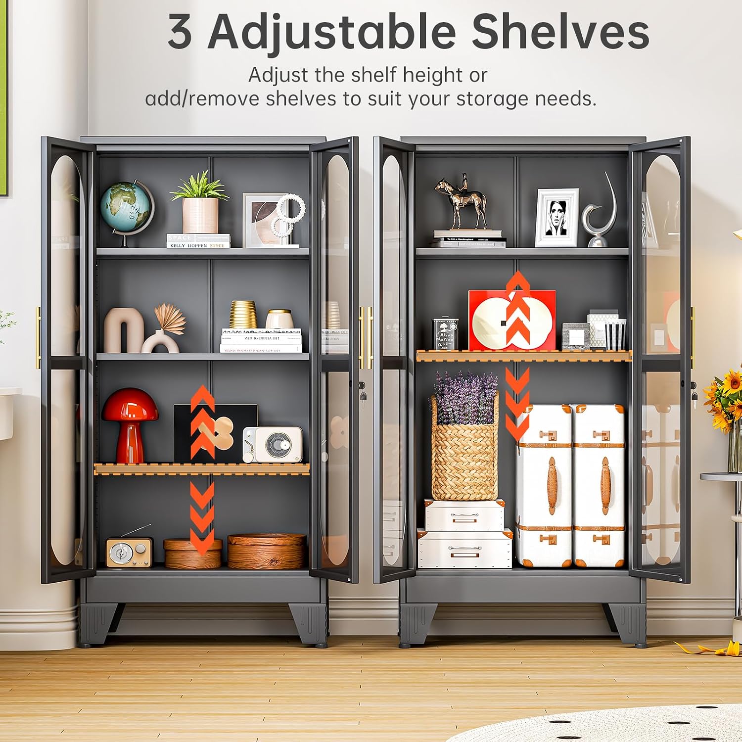 61'H Metal Display Cabinet with Glass Door and Lock, Tall Storage Cabinet with 3 Adjustable Shelves, 4 Tier Liquor Cabinet Metal Curio Cabinet Multi-Purpose Display Case for Collectibles Living Room