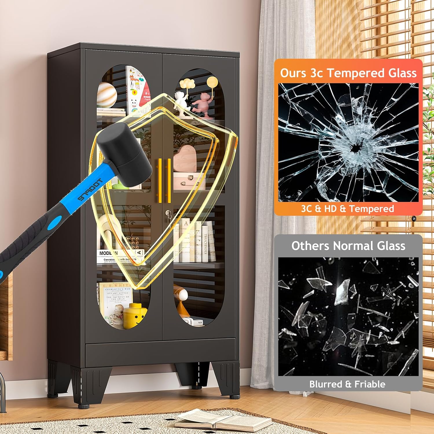 47' H Locking Display Cabinet with Glass Door, Tall black Storage Cabinet with 3 Adjustable Shelves, Metal Curio Cabinet Multi-Purpose Display Case for Collectibles Living Room/Bedroom/Kitchen/Bar
