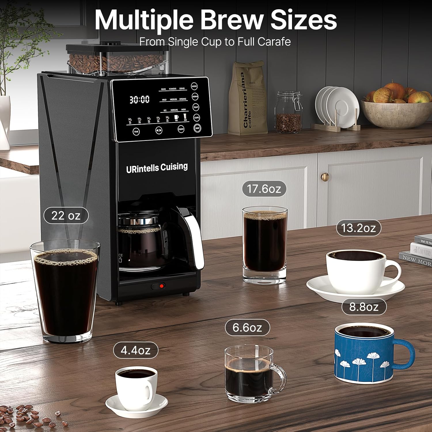 URintells Cuising Coffee Maker with Grinder, 22OZ Drip Coffee Maker with Glass Carafe and Removable Filter, Programmable Hot and Cold Bean to Cup Coffee Machine with Timer, Auto Shut Off