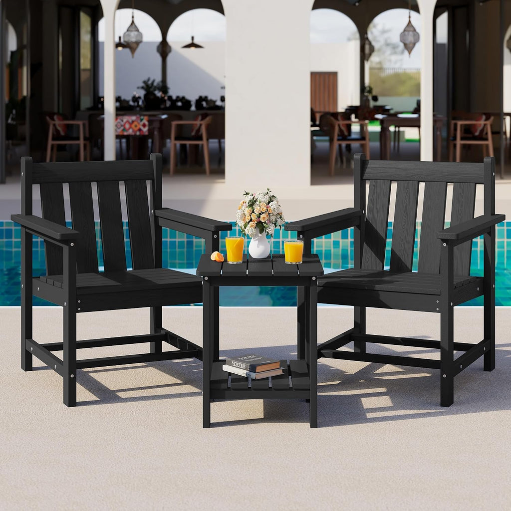 SEWRWALL 3 Pieces Patio Bistro Set, All Weather Adirondack Chair Set with Side Table, HDPE Material Outdoor Patio Furniture Set for Balcony, Porch, Garden, Backyard- Black