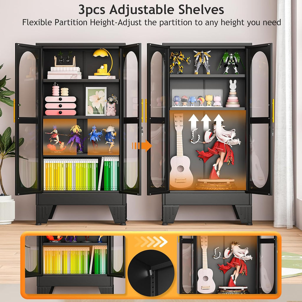 PAOFIN 47' H Locking Display Cabinet with Glass Door, Metal Cabinets with 3 Adjustable Shelves, Cabinet Display Case for Living Room, Collectibles, Clinic, Home - Assembly Required Black