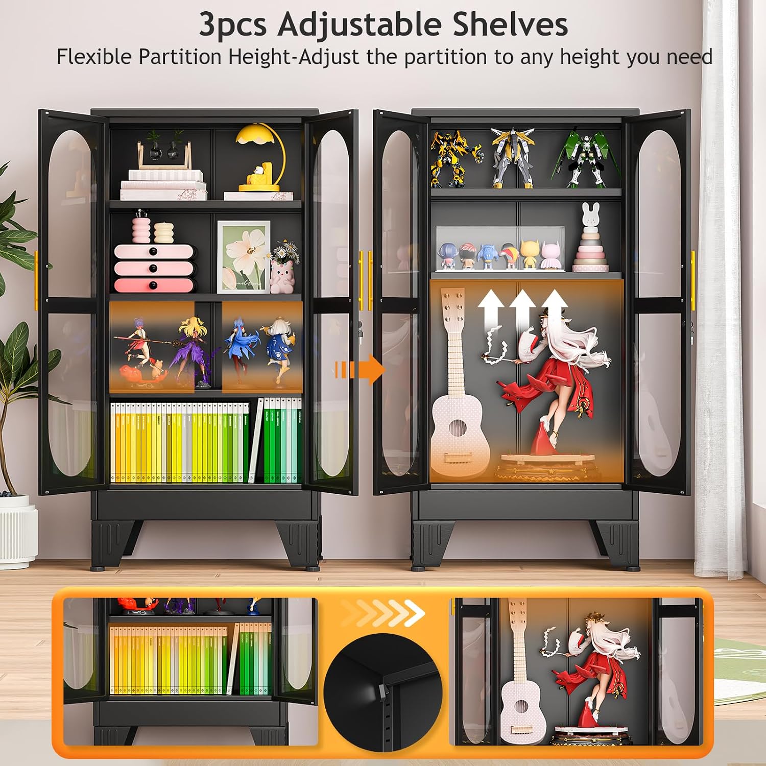 PAOFIN 47' H Locking Display Cabinet with Glass Door, Metal Cabinets with 3 Adjustable Shelves, Cabinet Display Case for Living Room, Collectibles, Clinic, Home - Assembly Required Black