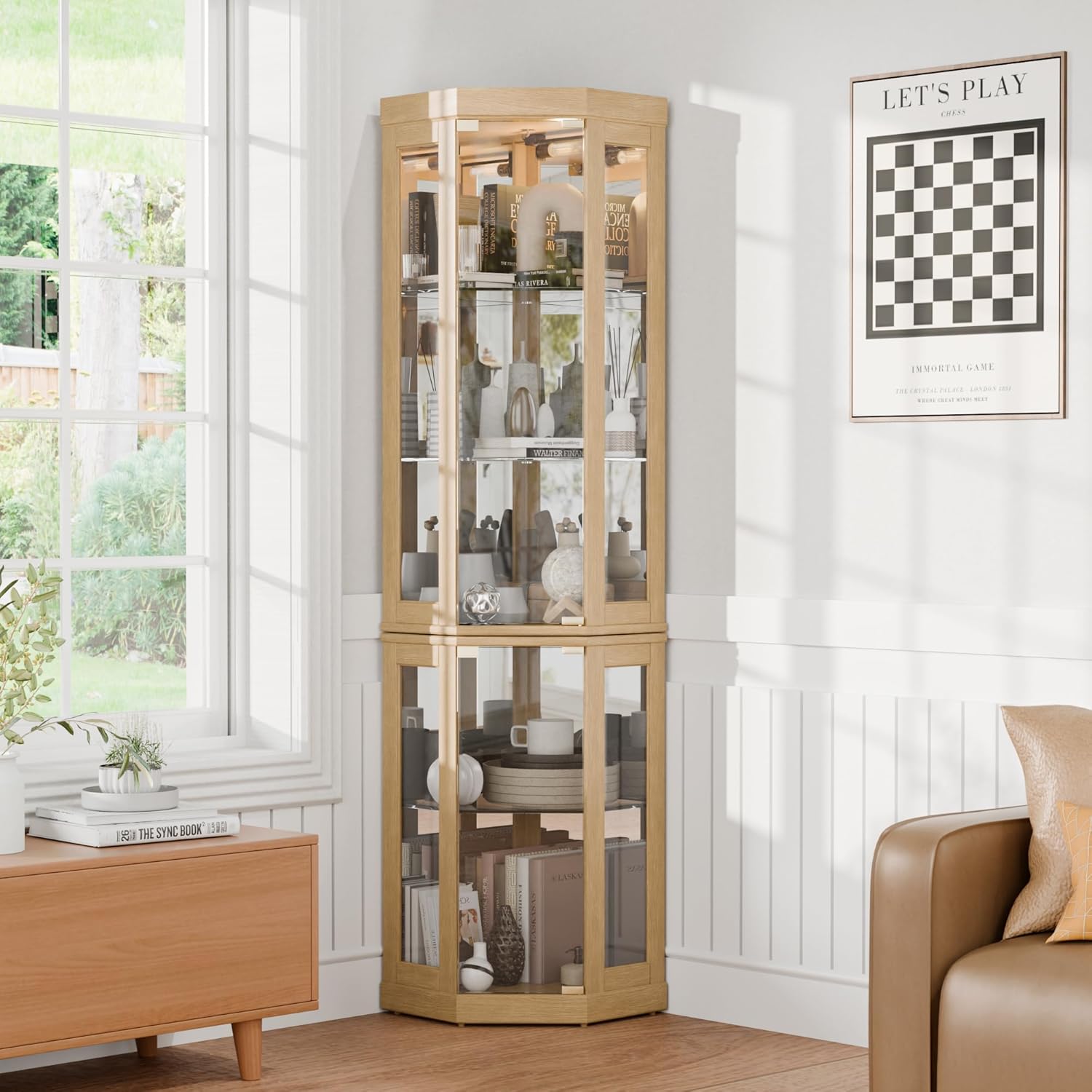 70' H Lighted Corner Curio Cabinet, Curio Cabinet with Tempered Glass Doors and Shelves, Corner Display Case with Light Bulb for Living Room, Dining Room, Light Oak