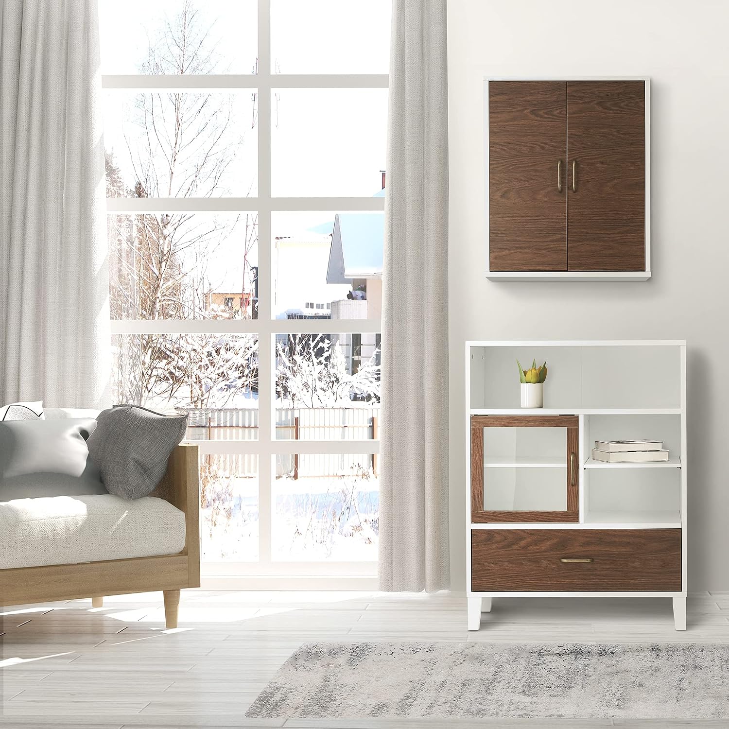 Teamson Home Tyler Modern Wooden Floor Storage Cabinet with Drawer for Bathrooms, Living Rooms, Hallways, Walnut/White