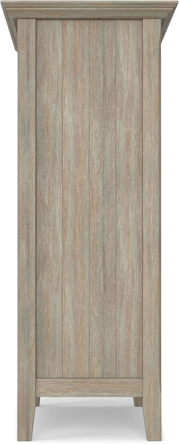 SIMPLIHOME Acadian Storage Cabinet - 39 inch Wide Solid Wood 4-Shelf Display Cabinet in Distressed Grey, Transitional Cupboard for Living Room or Dining Room with Glass Doors and Adjustable Shelves