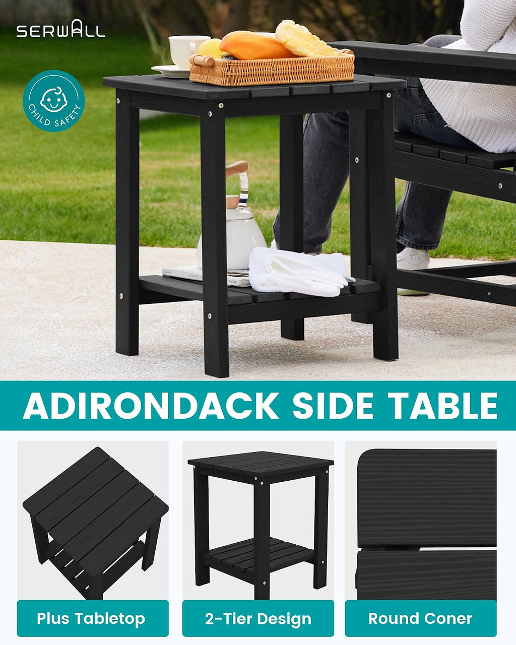 SEWRWALL 3 Pieces Patio Bistro Set, All Weather Adirondack Chair Set with Side Table, HDPE Material Outdoor Patio Furniture Set for Balcony, Porch, Garden, Backyard- Black