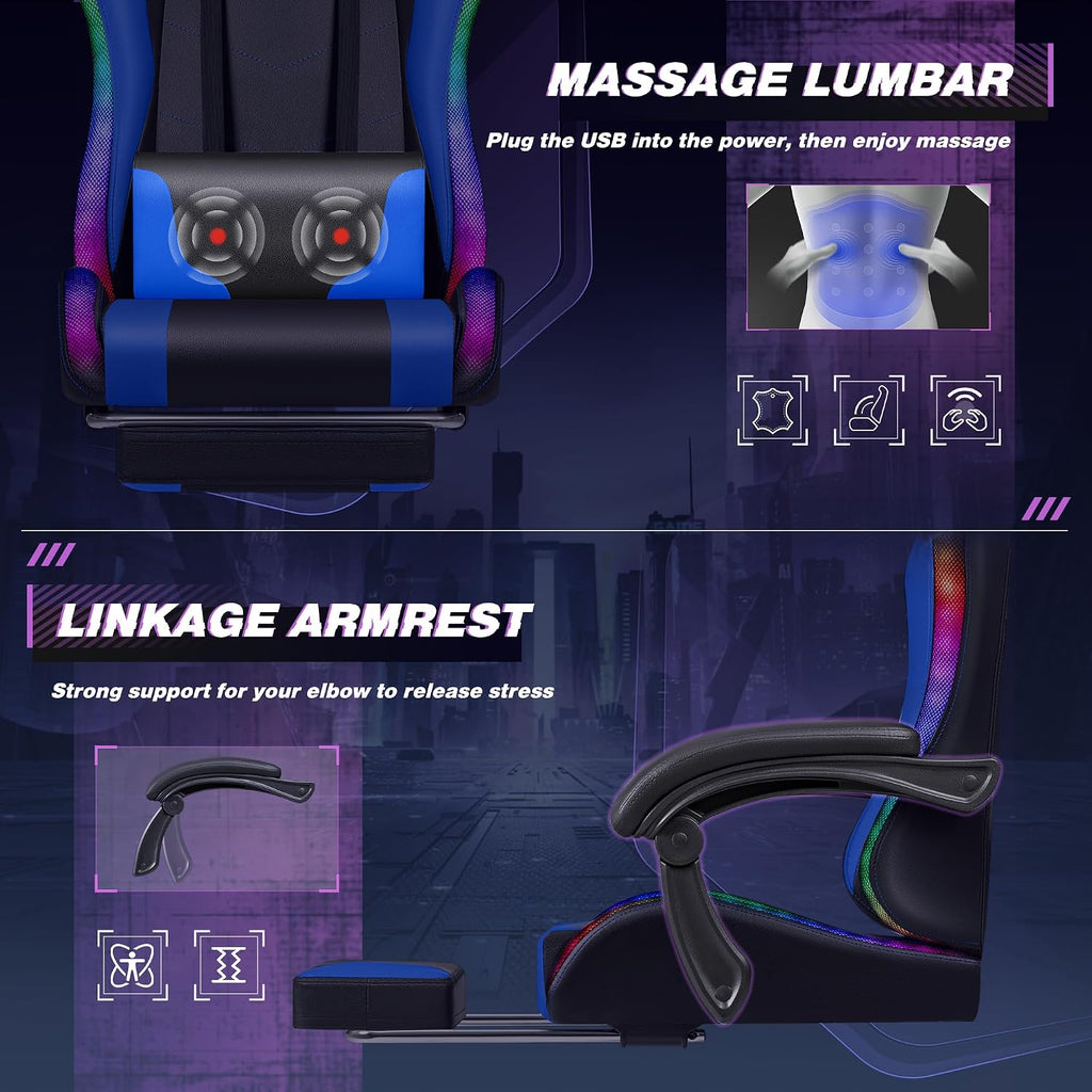 Homall Gaming Chair, Video Game Chair with Footrest and Massage Lumbar Support, Ergonomic Computer Chair Height Adjustable with Swivel Seat and Headrest (RGB Blue)
