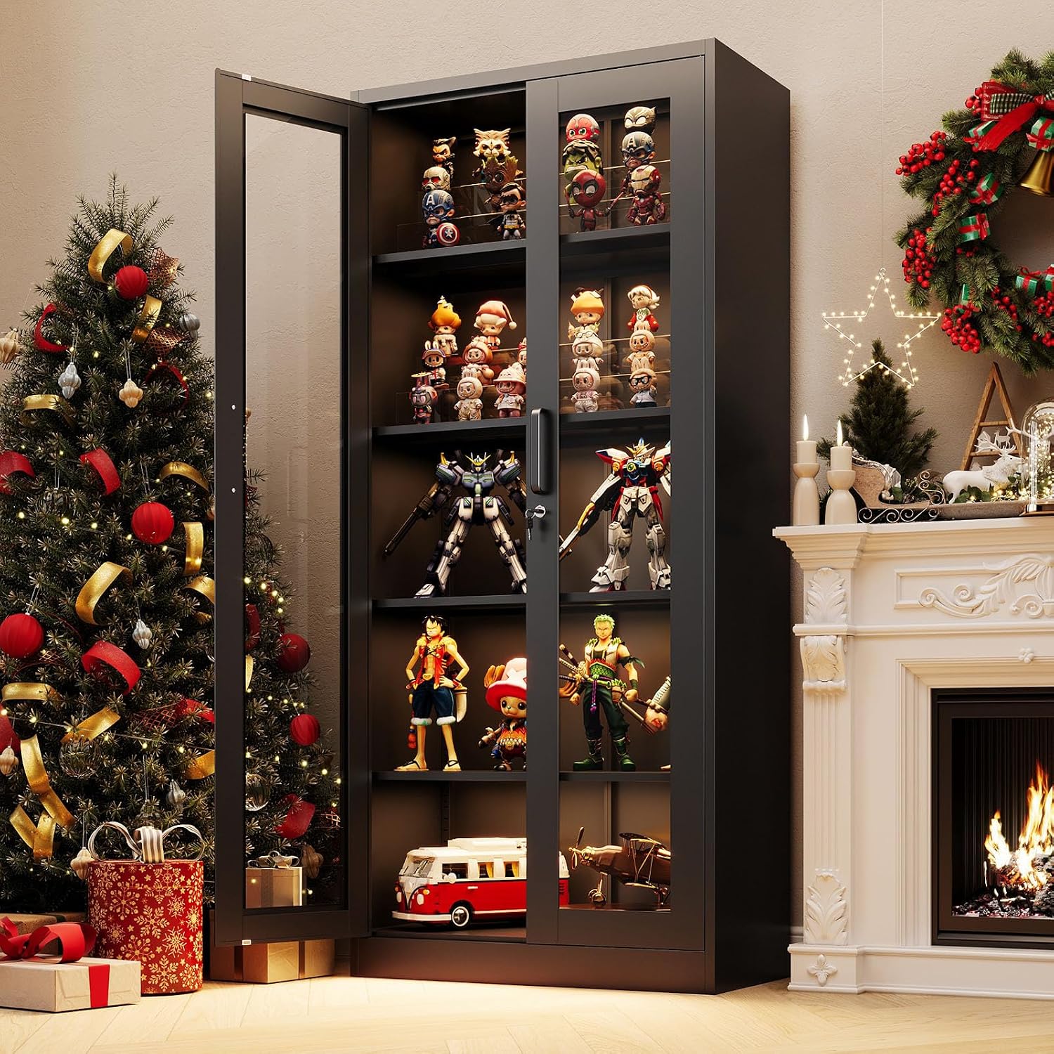 PEUKC Display Cabinet with Glass Doors, 71 Inches Metal Curio Storage Cabinets with 4 Adjustable Shelves, Locking Glass Cabinet Display Case for Home, Office, Clinic, Pantry (Black)