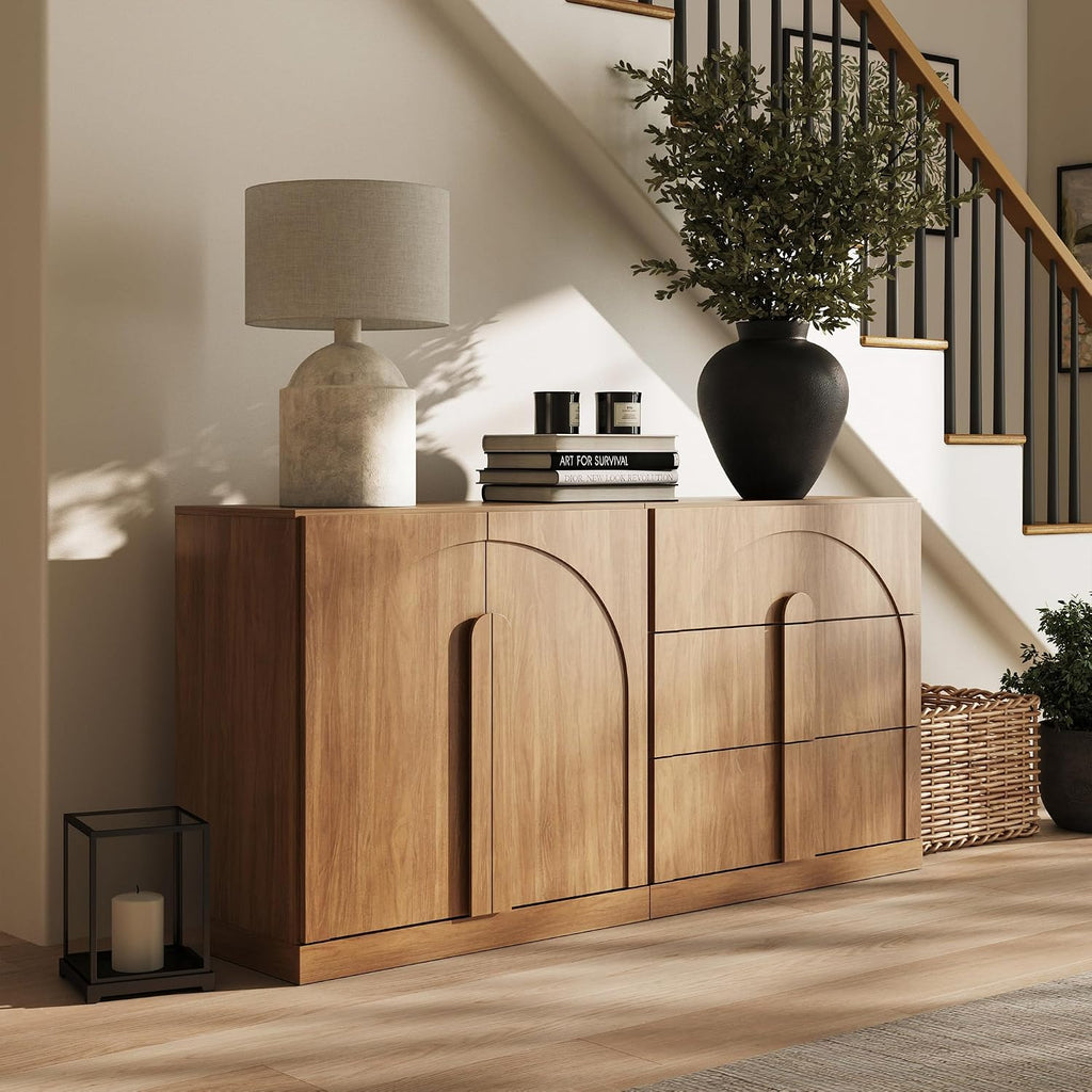 BELLEZE Modular Sideboard Cabinet with Storage, 2-Piece Modern Buffet Cabinet with Adjustable Shelf and 3 Drawers, Media Console Minimalist Credenza for Living Room Kitchen Dining Room, Camel