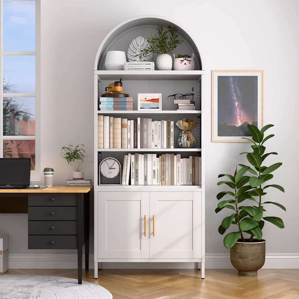 VEXPOR 73' Tall Metal Arched Bookcase with Doors, 5-Tier Arched Bookshelf with 2 Adjustable Shelves for Living Room, Home Office, Assembly Required, White, 15.35' D x 30.71' W x 72.83' H
