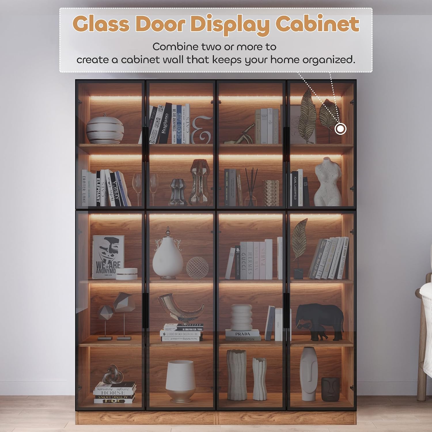 Mekminop Modern Display Storage Cabinet with LED Lights, Glass Door Tall Showcase with 5-Tier Shelves for Collectibles, Books, Wine, Curio Cabinet for Home Office Living Room Bedroom, Walnut