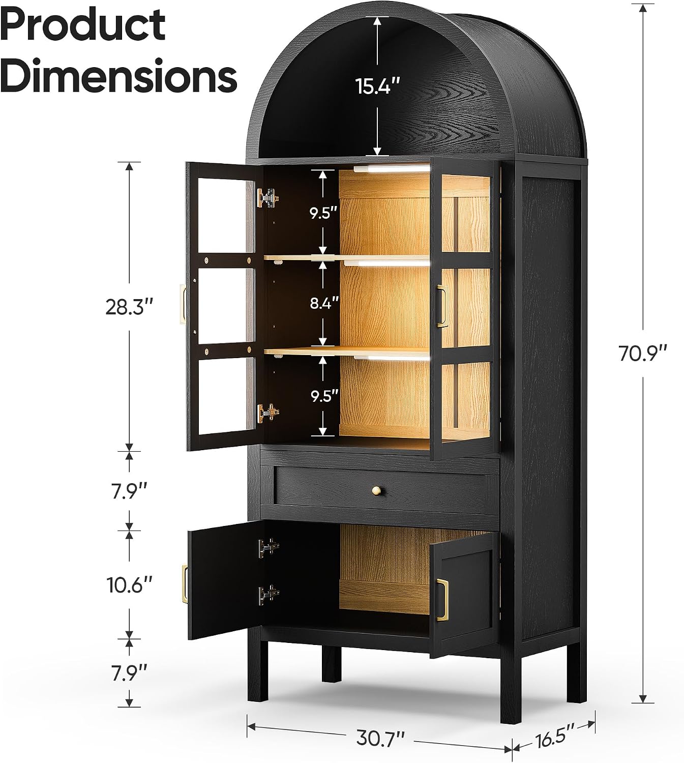 71' Display Arched Storage Cabinet with Glass Doors & Auto Sensor LED Lights, Tall Modern Black Storage Cabinets with Drawers and Adjustable Shelves for Dining Room/Bathroom/Kitchen/Office