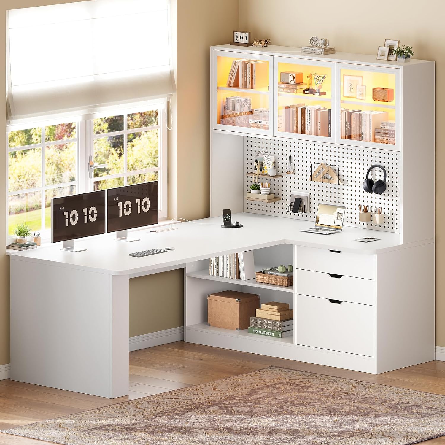 SEDETA L Shaped Computer Desk, L Shaped Corner Gaming Desk with 3 Wood Drawer and Large Bookshelf, Home Office Desk with LED Light, Display Cabinet and Pegboard, 27.5' W Large Desktop Table, White