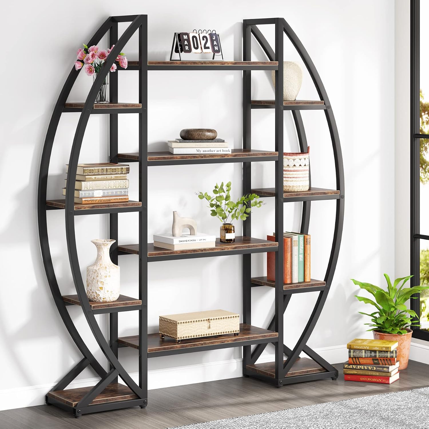 Tribesigns Oval Bookshelf, Triple Wide 5 Tier Etagere Bookcase, Industrial Display Shelves for Living Room (Brown, 55')
